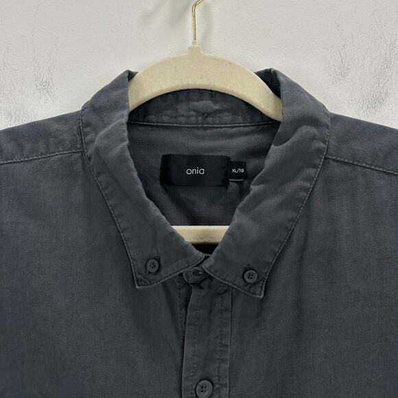 Onia Linen Blend Short Sleeve Button Down Shirt Gray Minimalist Vacation Mens XL - Picture 3 of 8